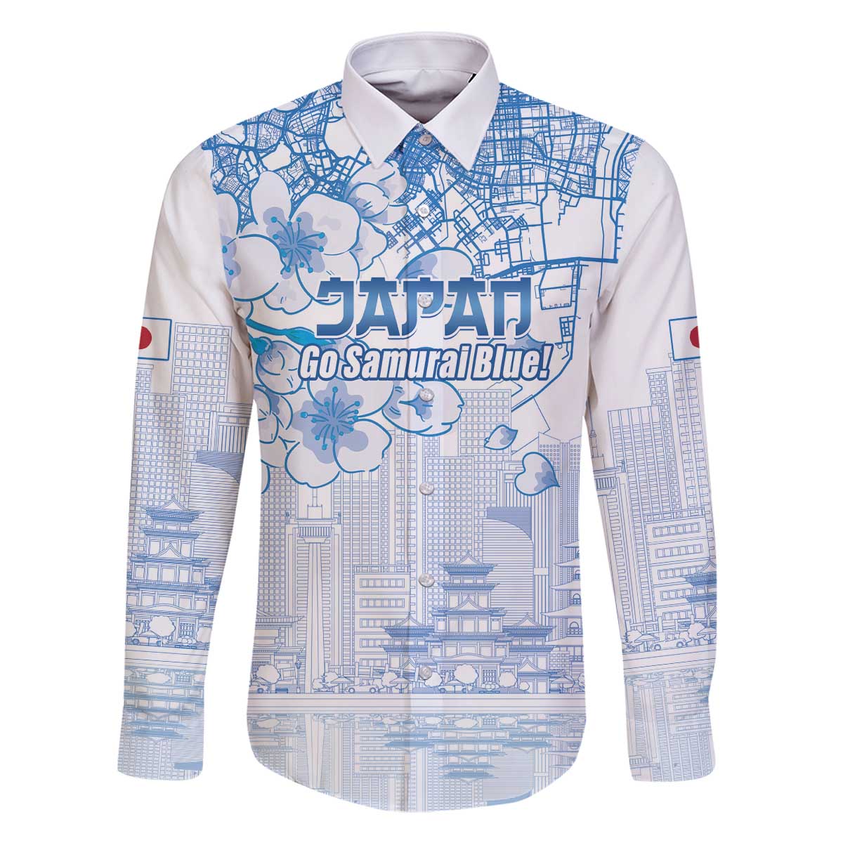 Custom Japan Football Family Matching Off The Shoulder Long Sleeve Dress and Hawaiian Shirt Go Samurai Blue Sakura Tokyo Style