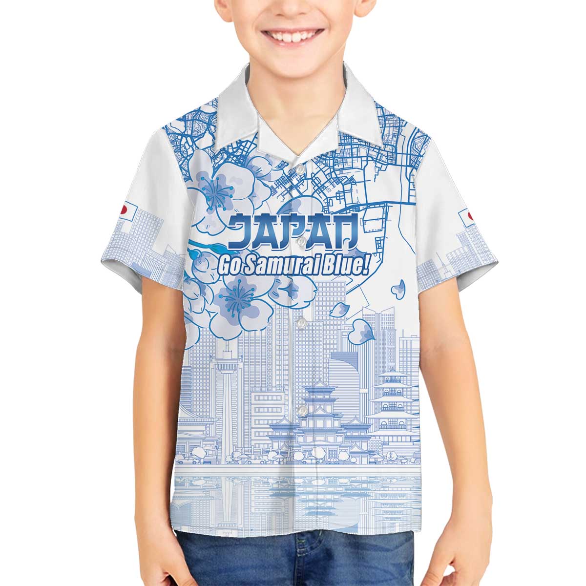 Custom Japan Football Family Matching Off The Shoulder Long Sleeve Dress and Hawaiian Shirt Go Samurai Blue Sakura Tokyo Style