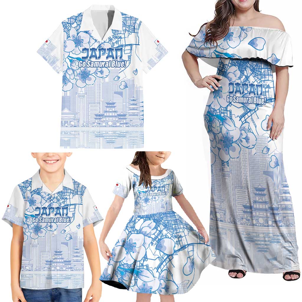 Custom Japan Football Family Matching Off Shoulder Maxi Dress and Hawaiian Shirt Go Samurai Blue Sakura Tokyo Style