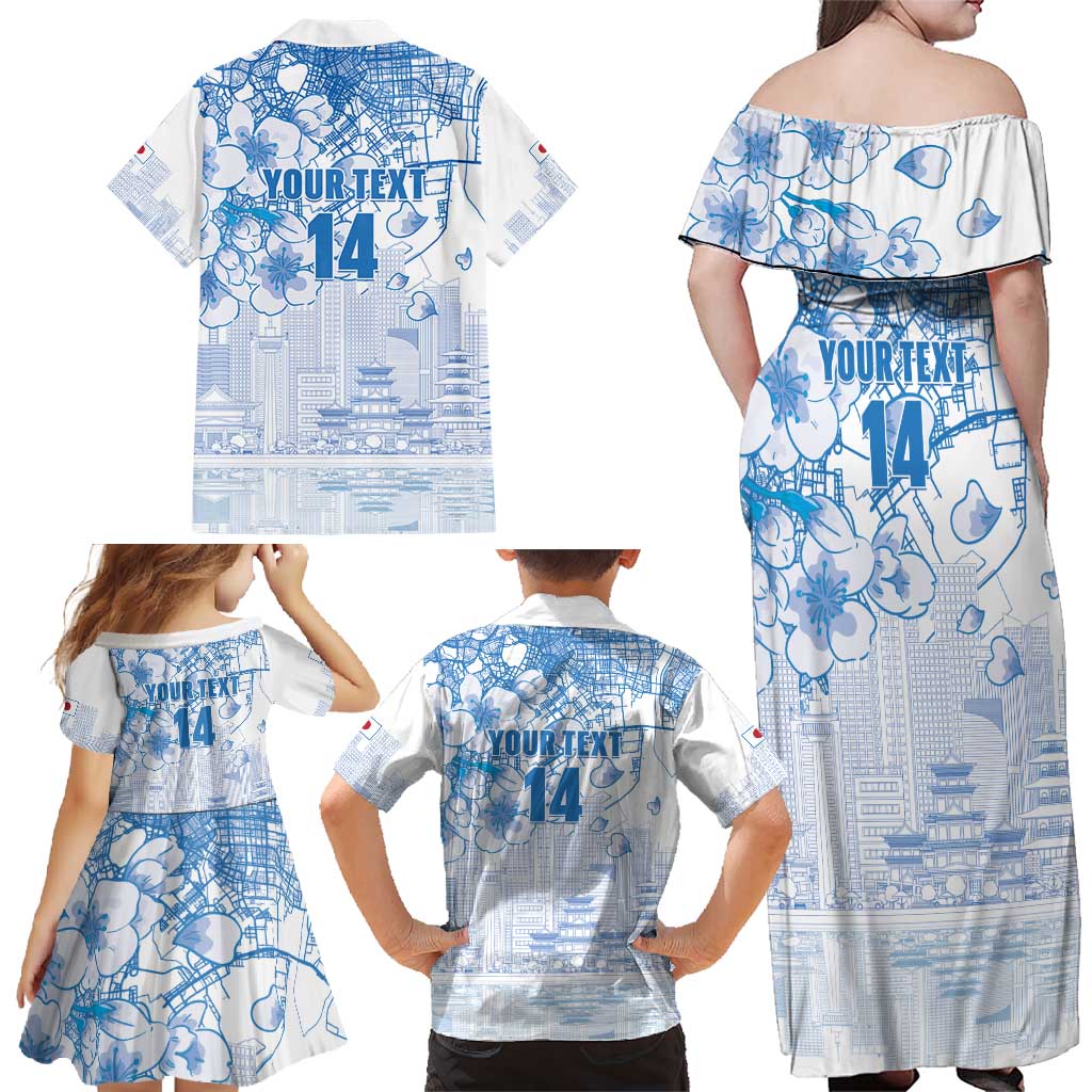 Custom Japan Football Family Matching Off Shoulder Maxi Dress and Hawaiian Shirt Go Samurai Blue Sakura Tokyo Style