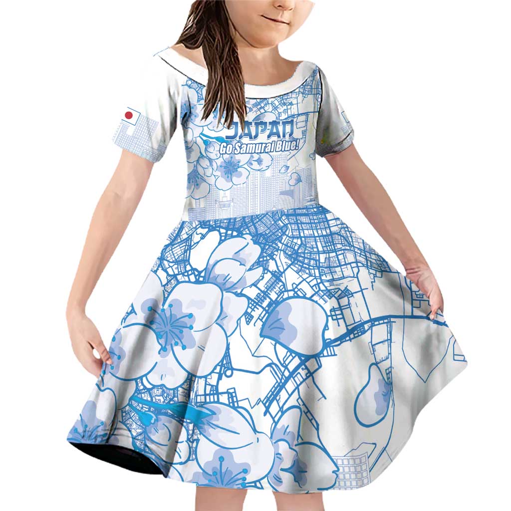 Custom Japan Football Family Matching Off Shoulder Short Dress and Hawaiian Shirt Go Samurai Blue Sakura Tokyo Style