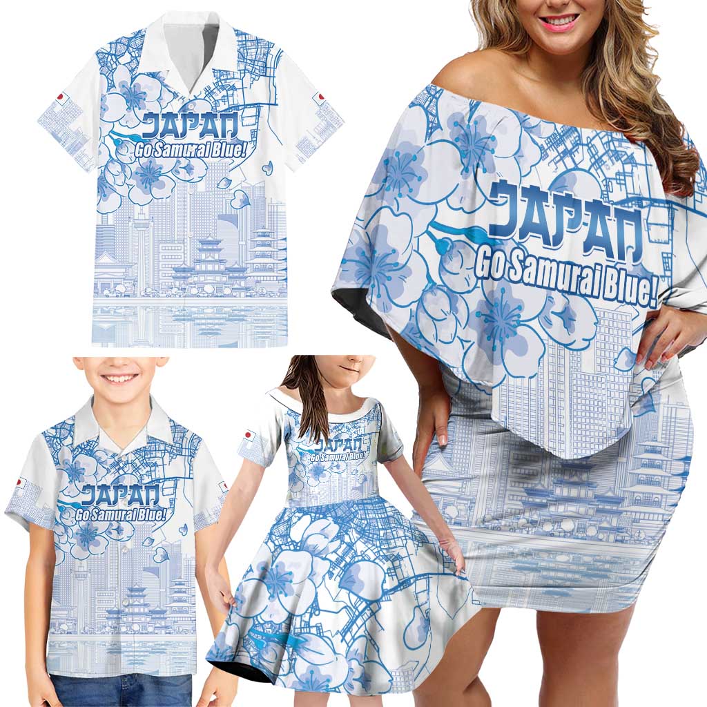 Custom Japan Football Family Matching Off Shoulder Short Dress and Hawaiian Shirt Go Samurai Blue Sakura Tokyo Style