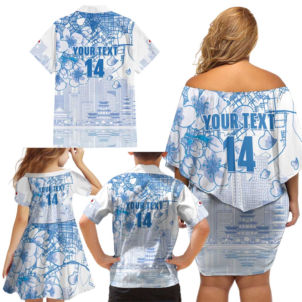 Custom Japan Football Family Matching Off Shoulder Short Dress and Hawaiian Shirt Go Samurai Blue Sakura Tokyo Style