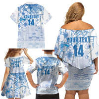 Custom Japan Football Family Matching Off Shoulder Short Dress and Hawaiian Shirt Go Samurai Blue Sakura Tokyo Style