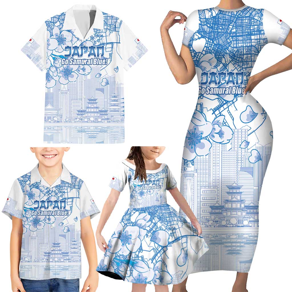 Custom Japan Football Family Matching Short Sleeve Bodycon Dress and Hawaiian Shirt Go Samurai Blue Sakura Tokyo Style