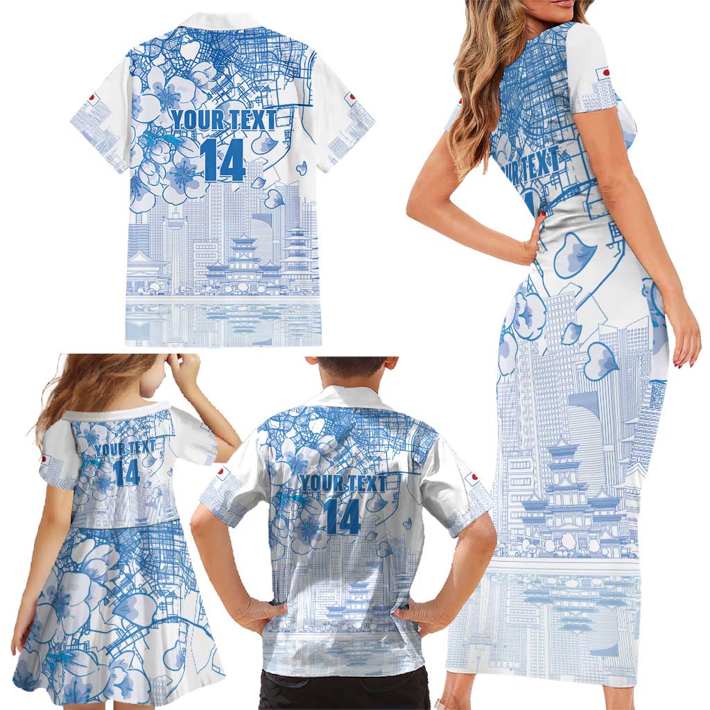 Custom Japan Football Family Matching Short Sleeve Bodycon Dress and Hawaiian Shirt Go Samurai Blue Sakura Tokyo Style