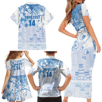 Custom Japan Football Family Matching Short Sleeve Bodycon Dress and Hawaiian Shirt Go Samurai Blue Sakura Tokyo Style