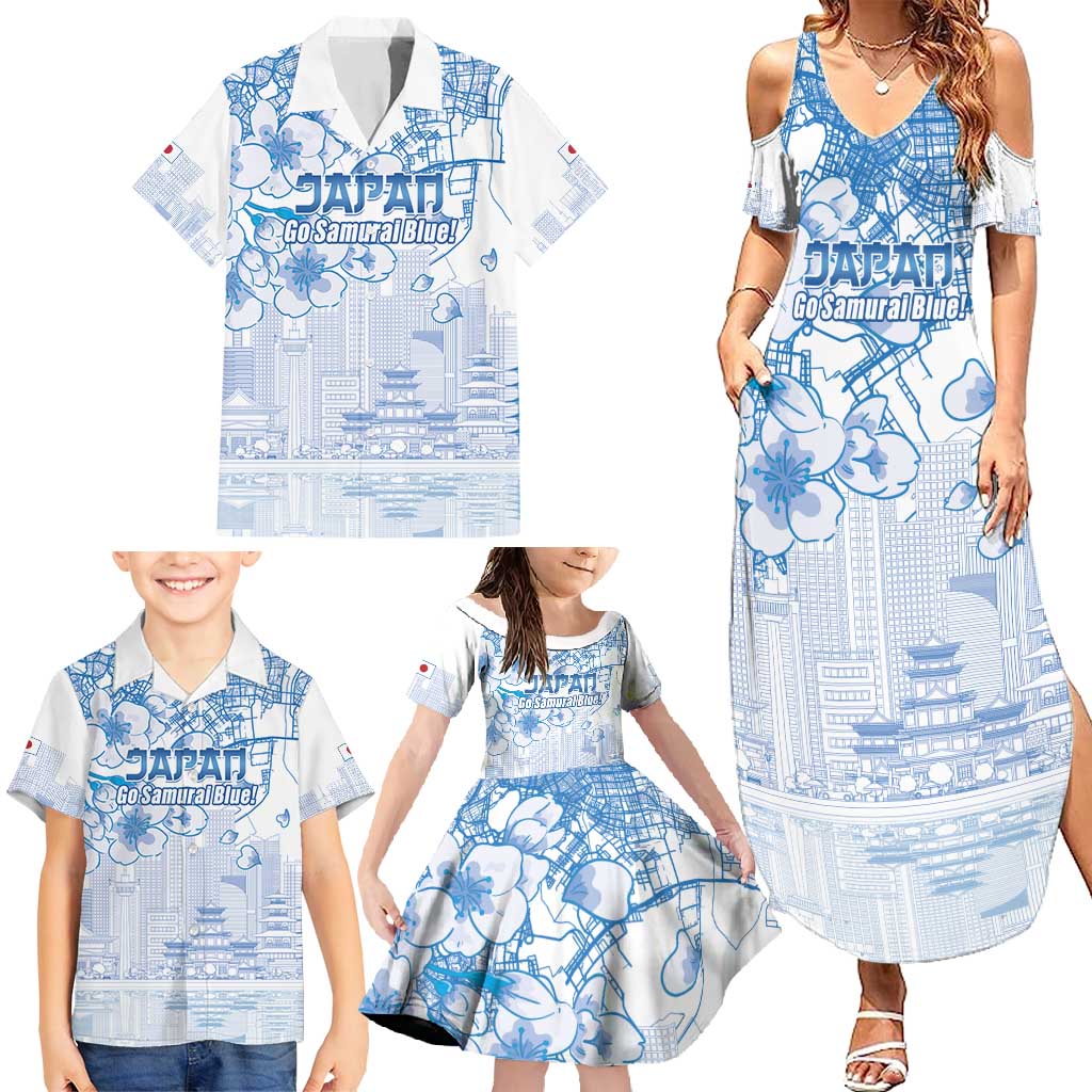 Custom Japan Football Family Matching Summer Maxi Dress and Hawaiian Shirt Go Samurai Blue Sakura Tokyo Style