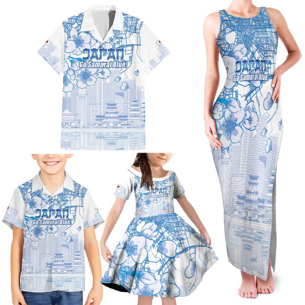 Custom Japan Football Family Matching Tank Maxi Dress and Hawaiian Shirt Go Samurai Blue Sakura Tokyo Style