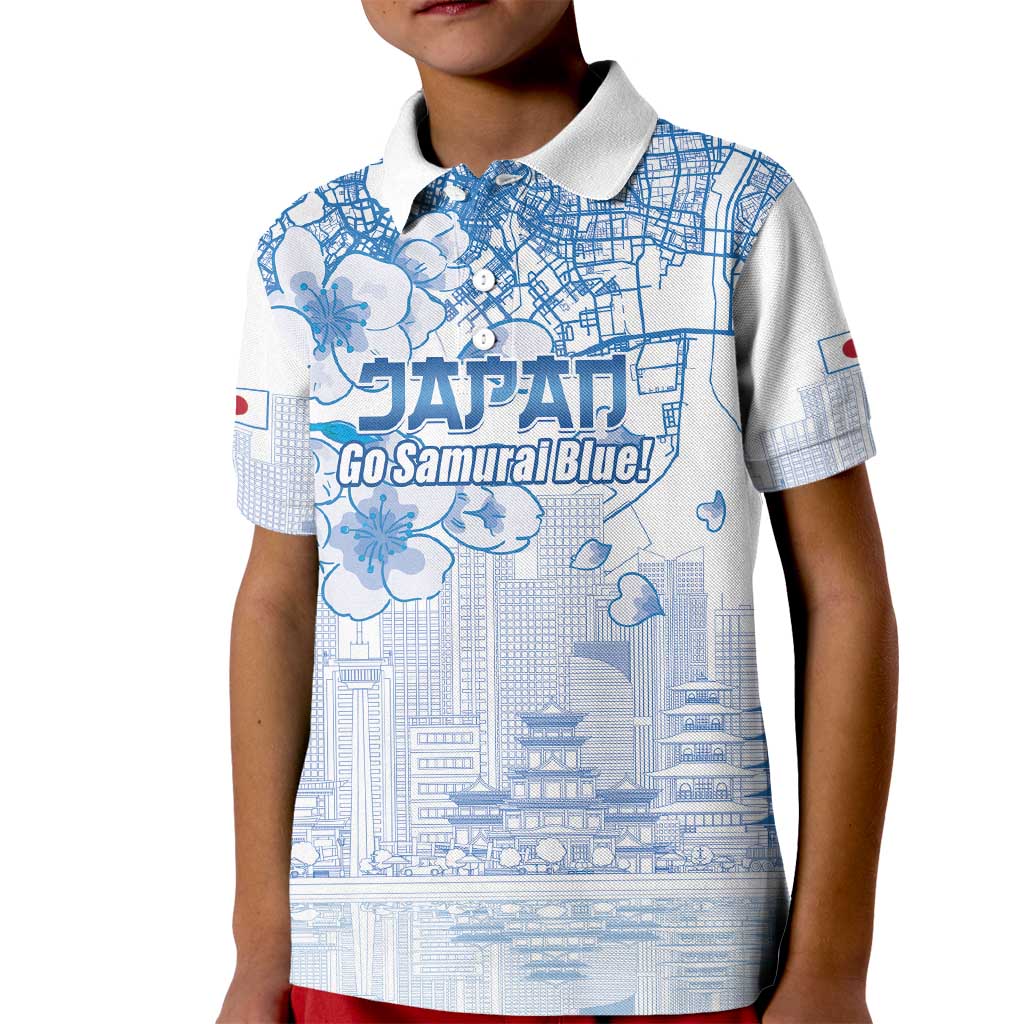 Custom Japan Football Kid Polo Shirt Go Samurai Blue Sakura Tokyo Style