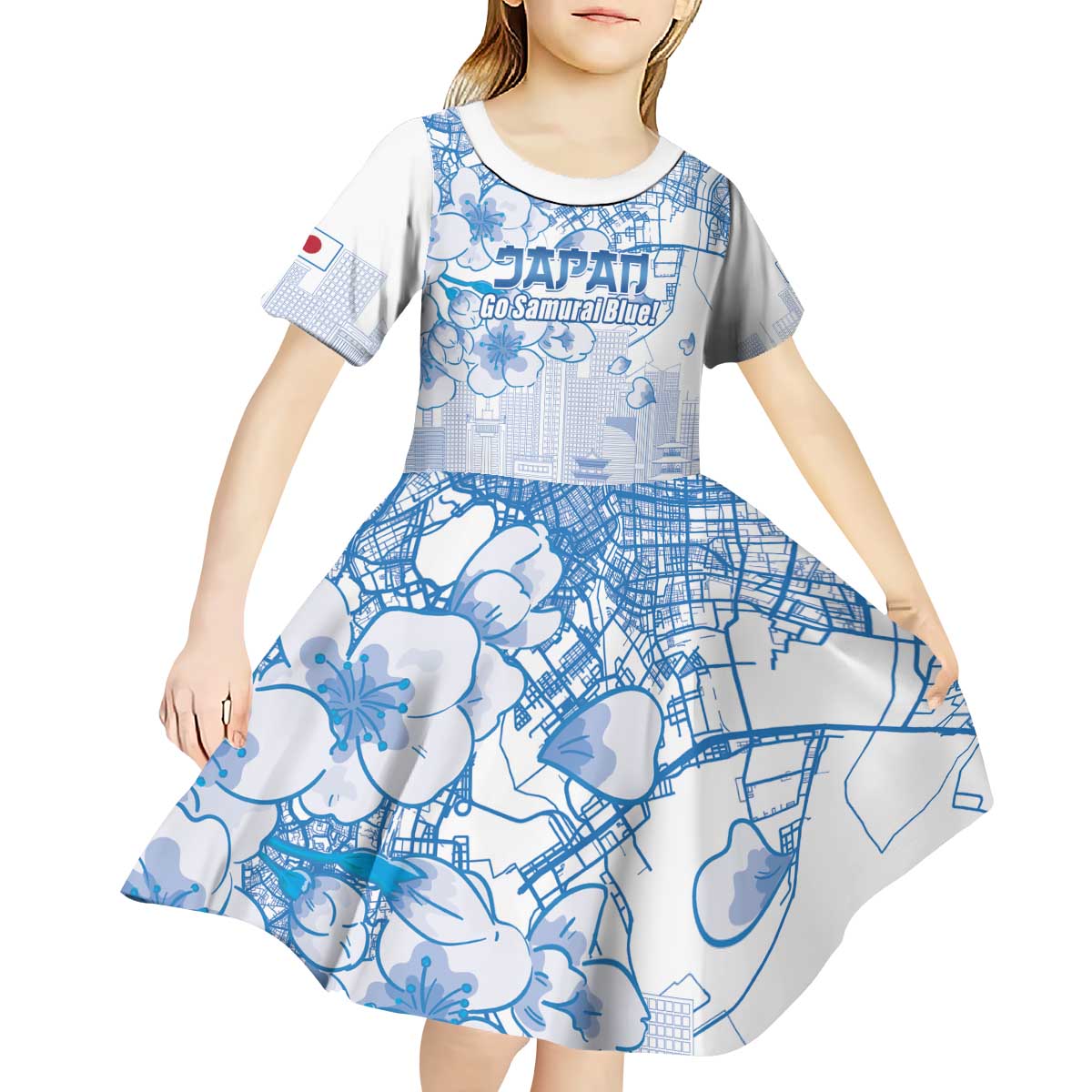 Custom Japan Football Kid Short Sleeve Dress Go Samurai Blue Sakura Tokyo Style