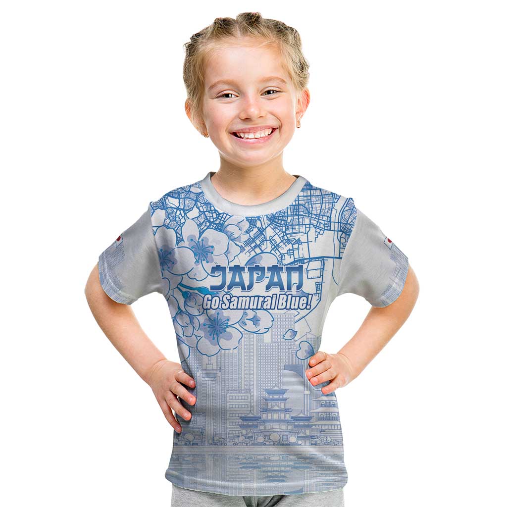 Custom Japan Football Kid T Shirt Go Samurai Blue Sakura Tokyo Style
