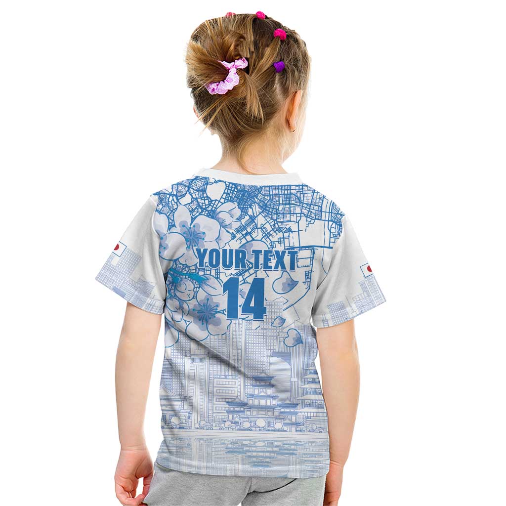 Custom Japan Football Kid T Shirt Go Samurai Blue Sakura Tokyo Style