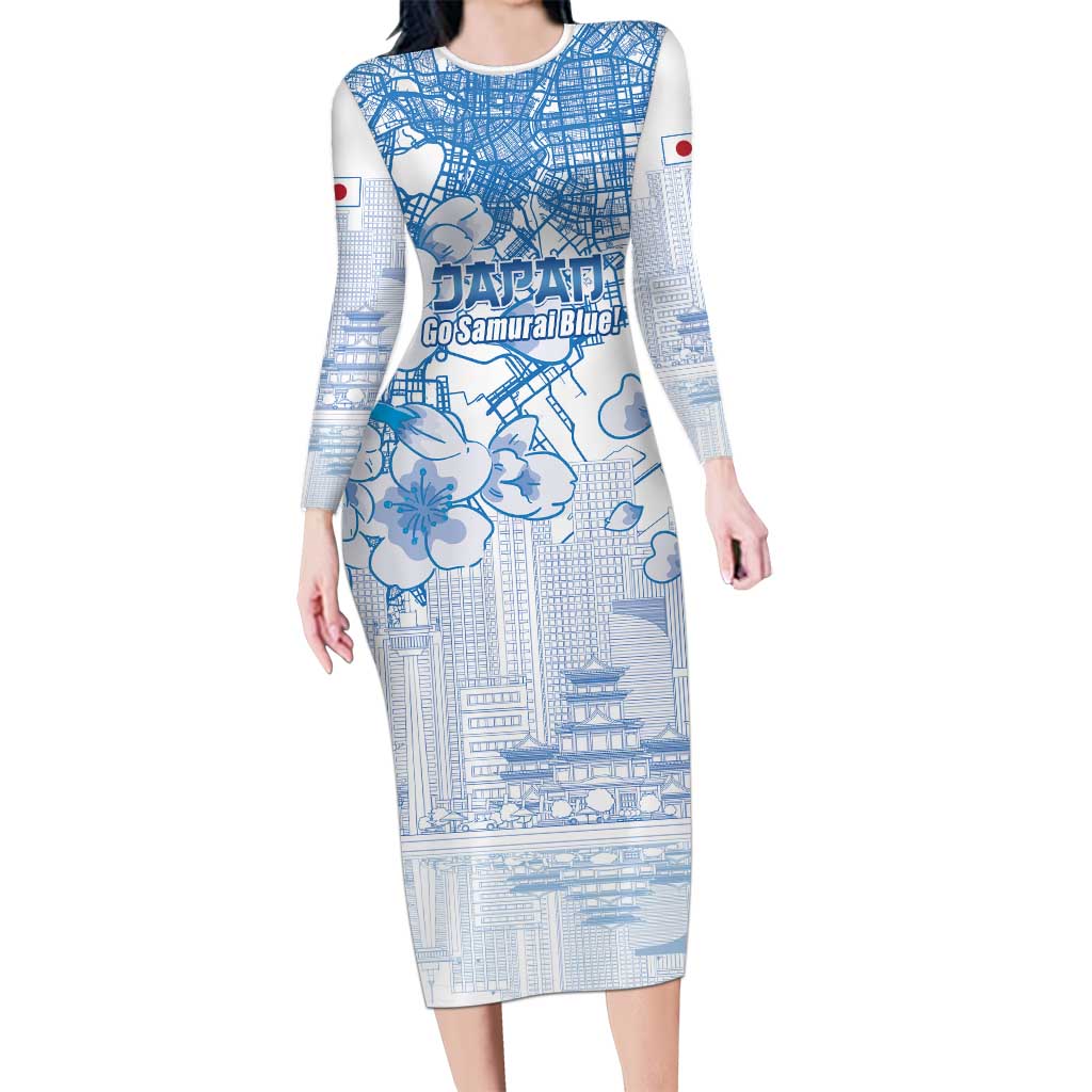 Custom Japan Football Long Sleeve Bodycon Dress Go Samurai Blue Sakura Tokyo Style