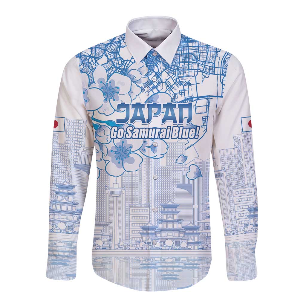 Custom Japan Football Long Sleeve Button Shirt Go Samurai Blue Sakura Tokyo Style