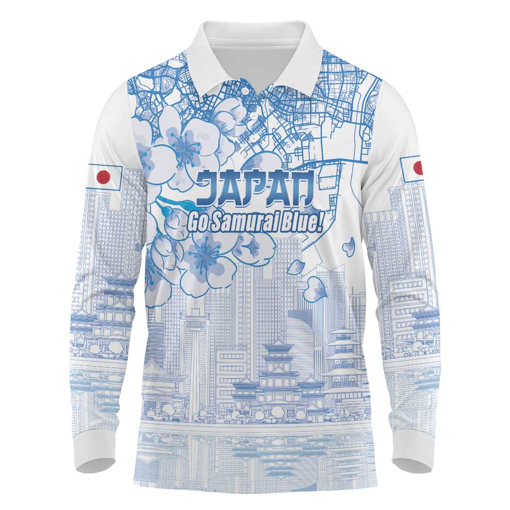 Custom Japan Football Long Sleeve Polo Shirt Go Samurai Blue Sakura Tokyo Style