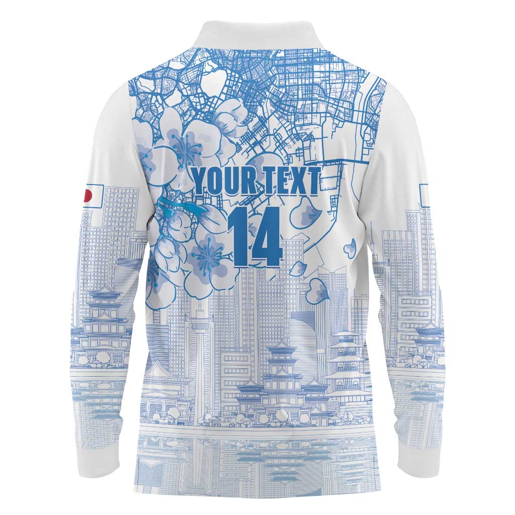 Custom Japan Football Long Sleeve Polo Shirt Go Samurai Blue Sakura Tokyo Style