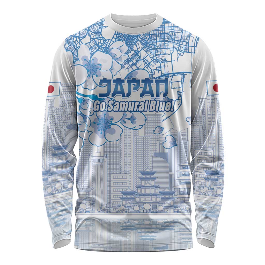 Custom Japan Football Long Sleeve Shirt Go Samurai Blue Sakura Tokyo Style