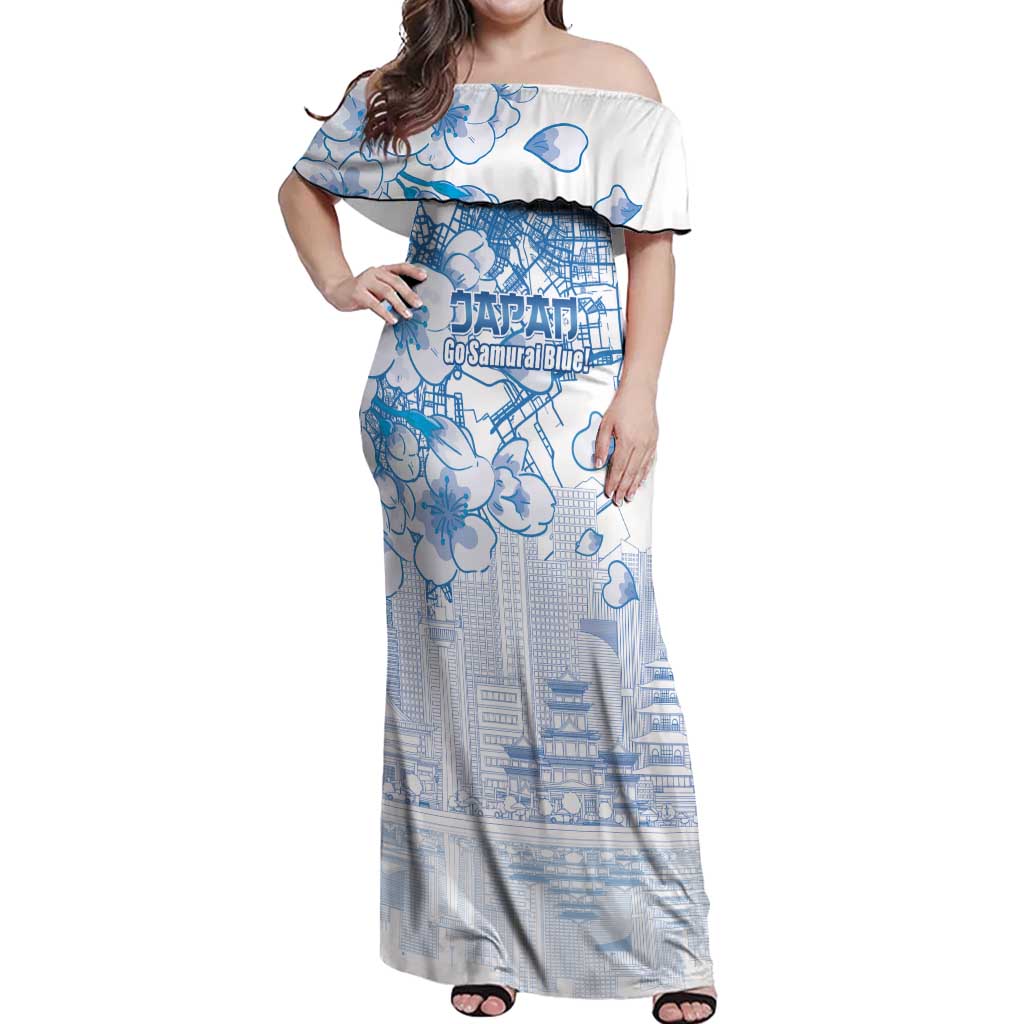 Custom Japan Football Off Shoulder Maxi Dress Go Samurai Blue Sakura Tokyo Style