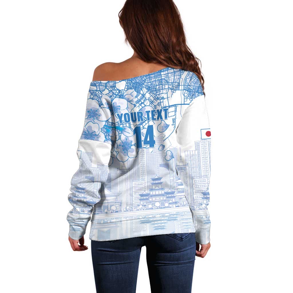 Custom Japan Football Off Shoulder Sweater Go Samurai Blue Sakura Tokyo Style