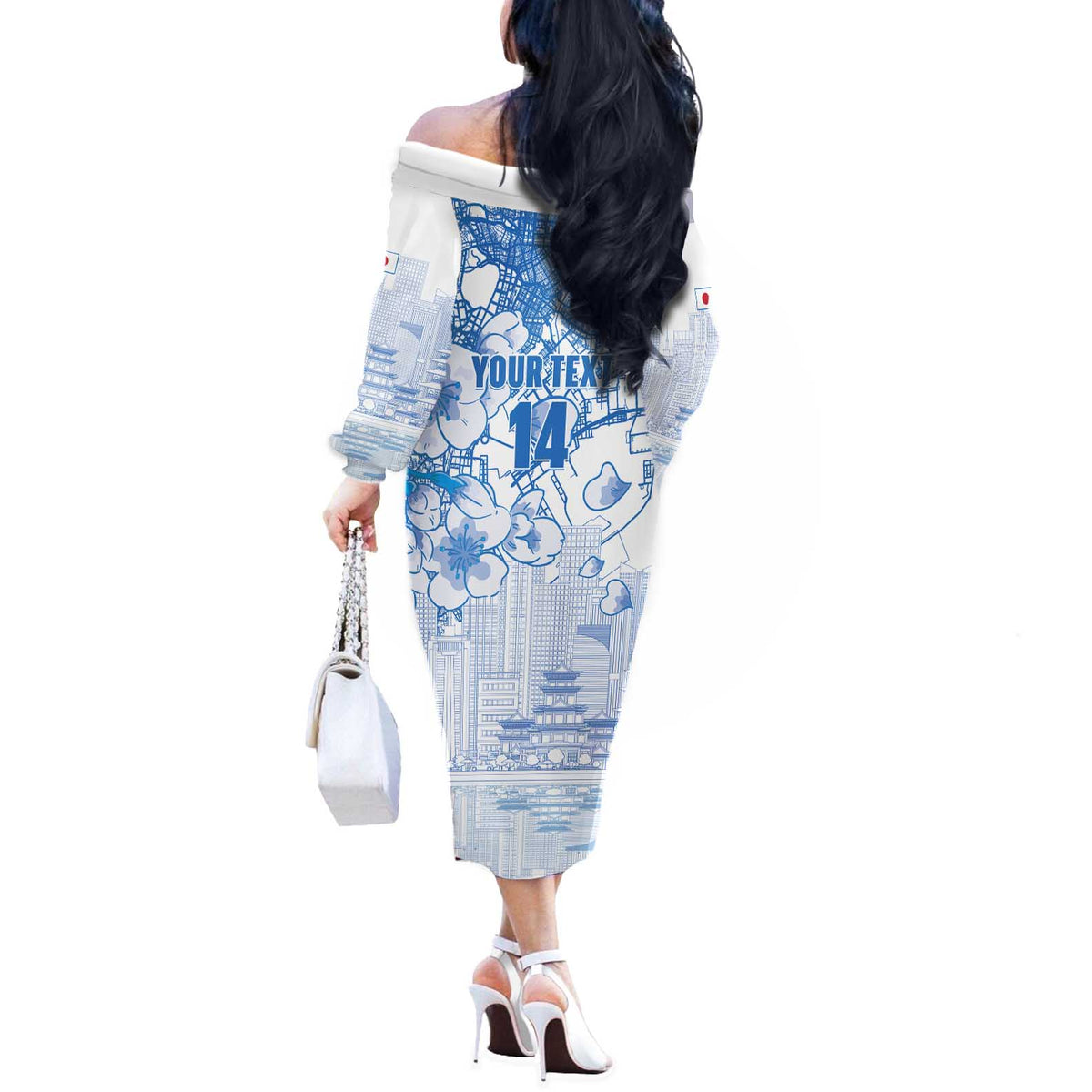 Custom Japan Football Off The Shoulder Long Sleeve Dress Go Samurai Blue Sakura Tokyo Style