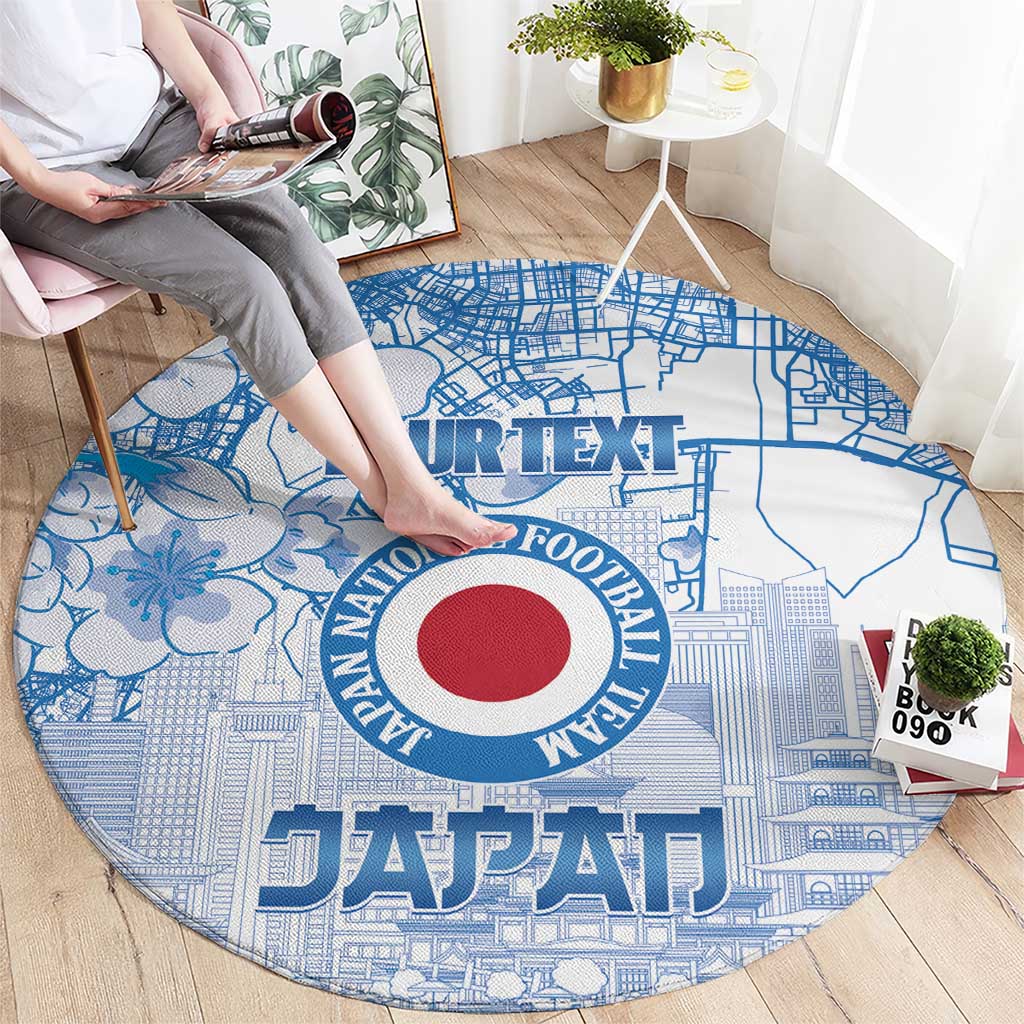 Custom Japan Football Round Carpet Go Samurai Blue Sakura Tokyo Style