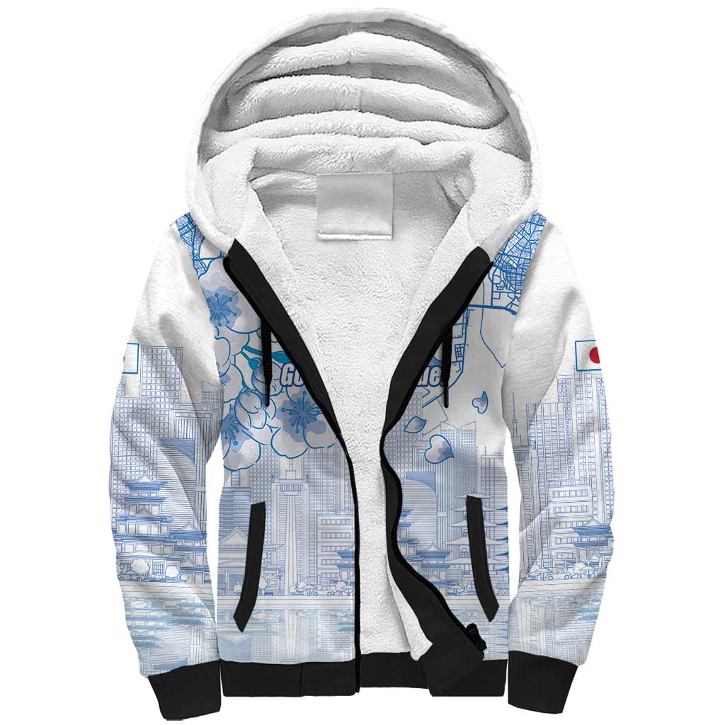Custom Japan Football Sherpa Hoodie Go Samurai Blue Sakura Tokyo Style