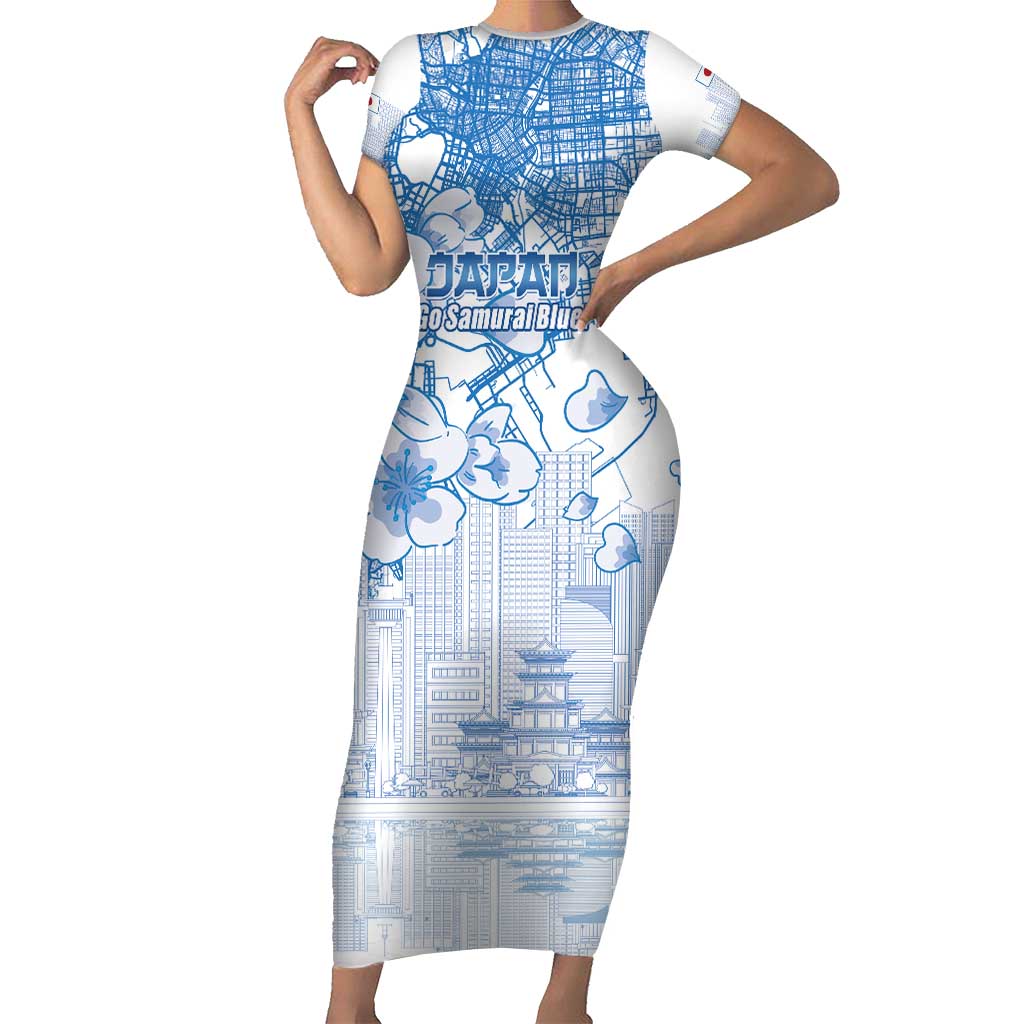Custom Japan Football Short Sleeve Bodycon Dress Go Samurai Blue Sakura Tokyo Style