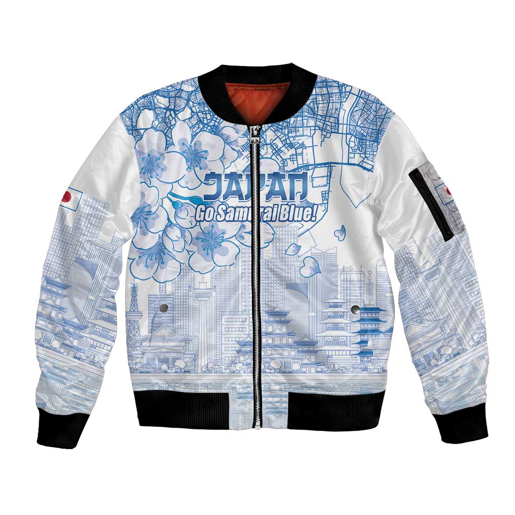 Custom Japan Football Sleeve Zip Bomber Jacket Go Samurai Blue Sakura Tokyo Style