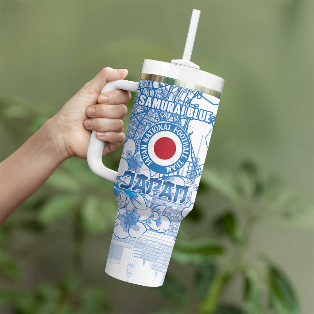 Custom Japan Football Tumbler With Handle Go Samurai Blue Sakura Tokyo Style