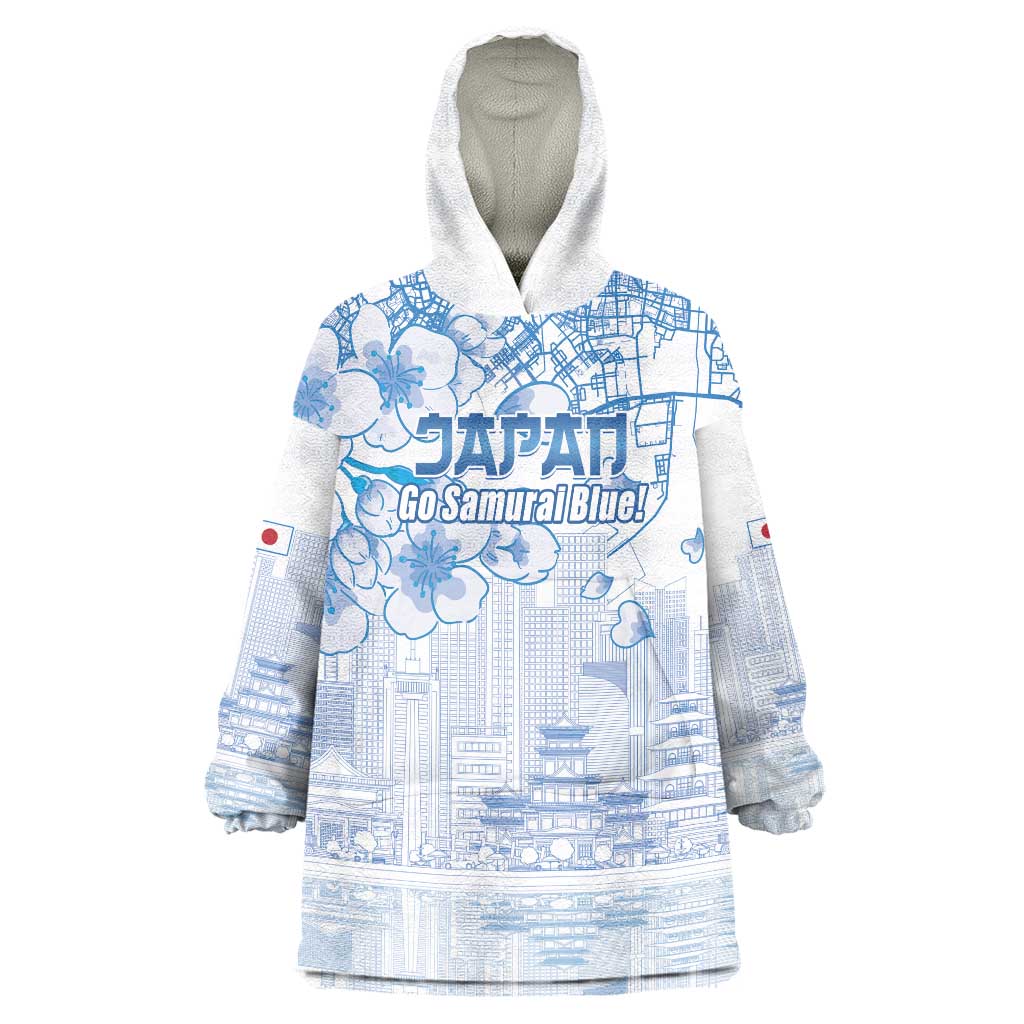Custom Japan Football Wearable Blanket Hoodie Go Samurai Blue Sakura Tokyo Style