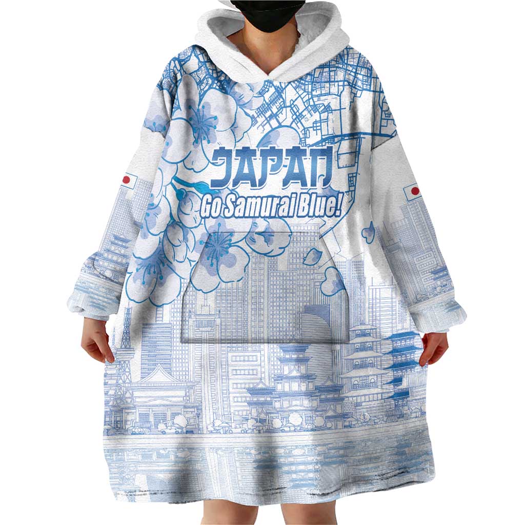 Custom Japan Football Wearable Blanket Hoodie Go Samurai Blue Sakura Tokyo Style