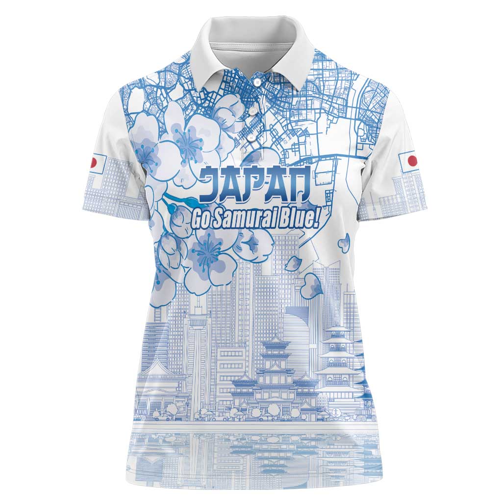 Custom Japan Football Women Polo Shirt Go Samurai Blue Sakura Tokyo Style