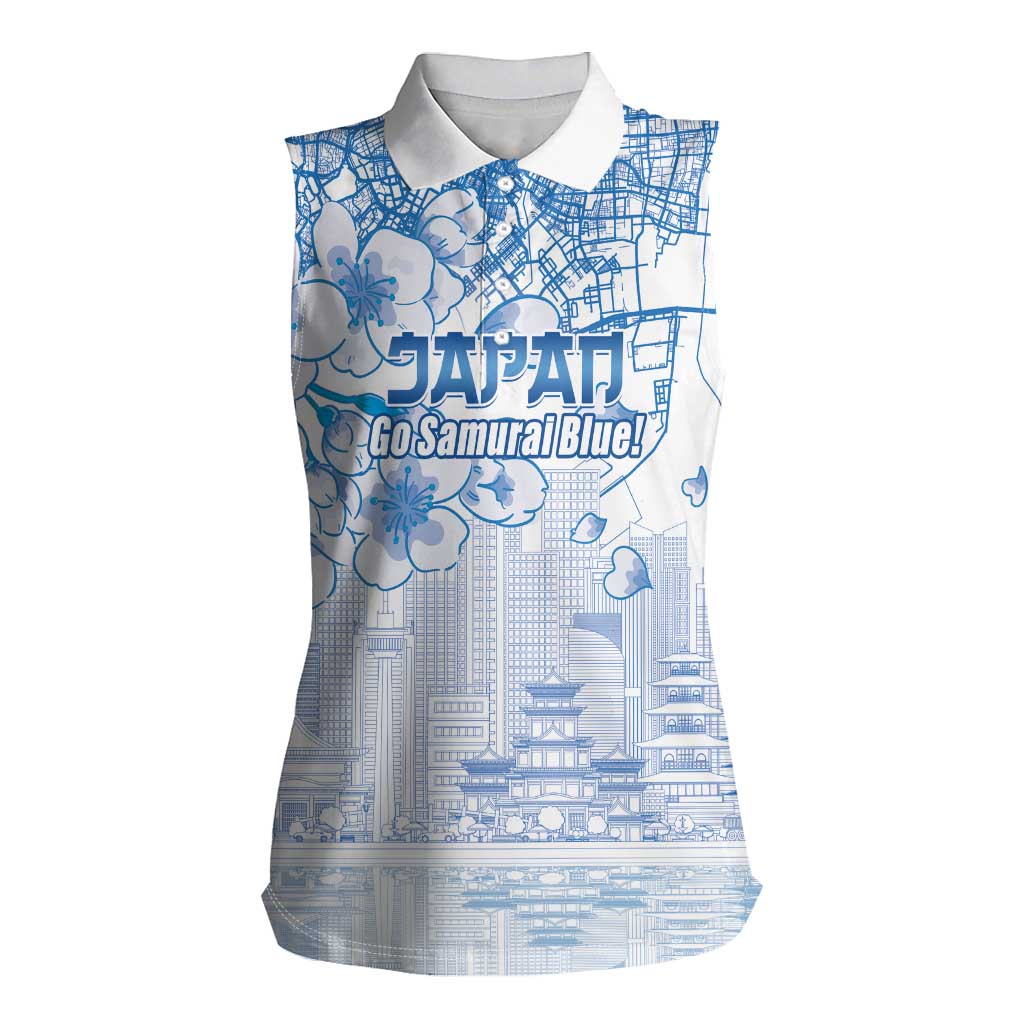 Custom Japan Football Women Sleeveless Polo Shirt Go Samurai Blue Sakura Tokyo Style