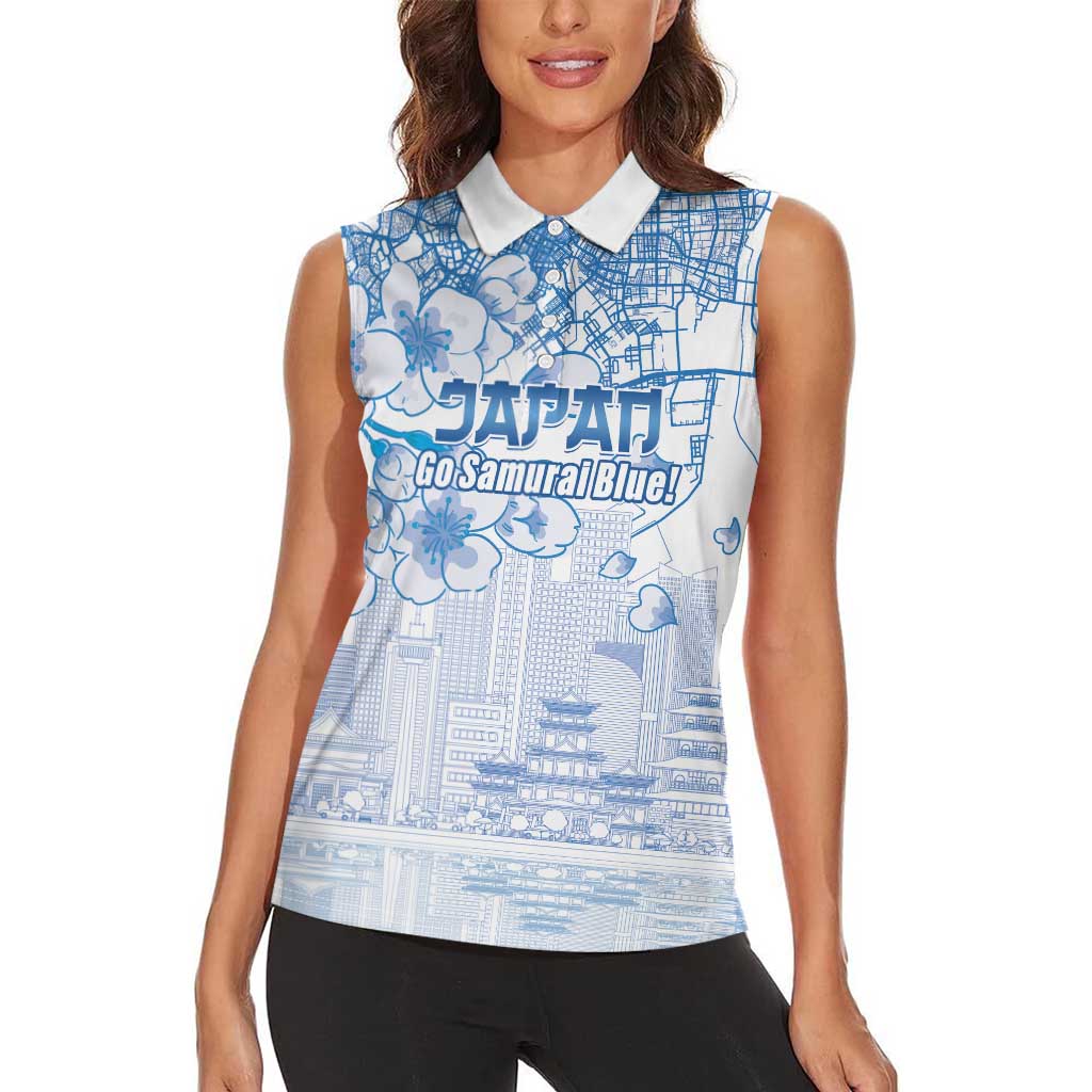 Custom Japan Football Women Sleeveless Polo Shirt Go Samurai Blue Sakura Tokyo Style
