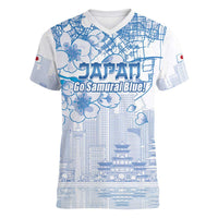Custom Japan Football Women V-Neck T-Shirt Go Samurai Blue Sakura Tokyo Style