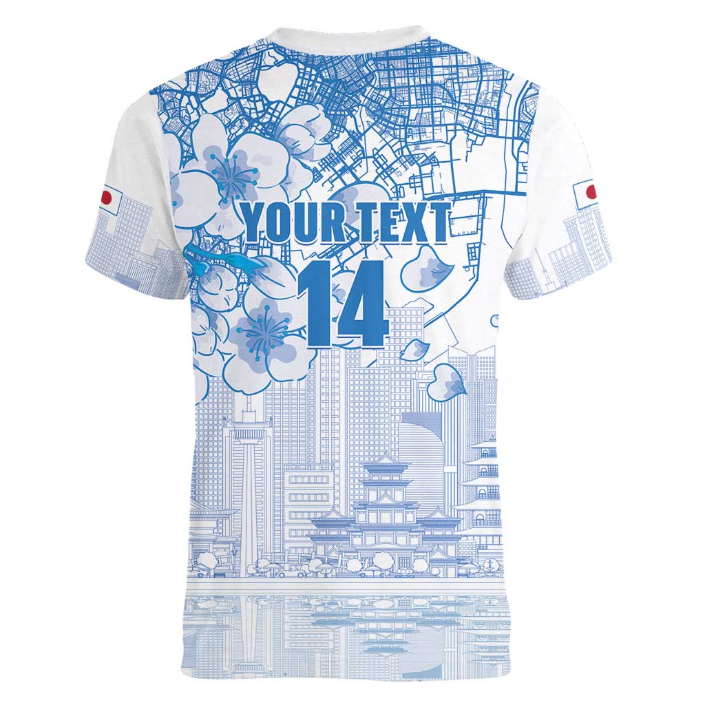 Custom Japan Football Women V-Neck T-Shirt Go Samurai Blue Sakura Tokyo Style