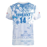 Custom Japan Football Women V-Neck T-Shirt Go Samurai Blue Sakura Tokyo Style