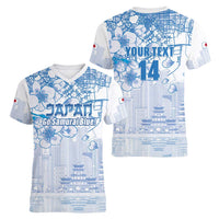 Custom Japan Football Women V-Neck T-Shirt Go Samurai Blue Sakura Tokyo Style