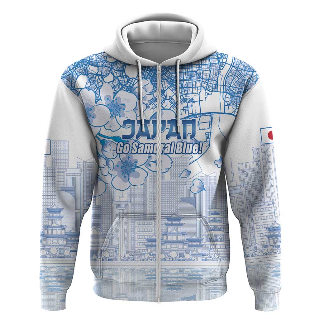 Custom Japan Football Zip Hoodie Go Samurai Blue Sakura Tokyo Style