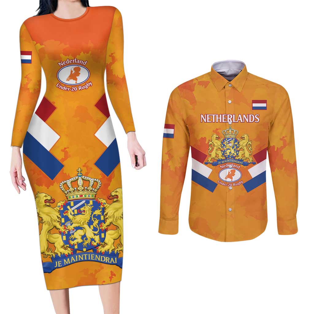 Custom Netherlands Rugby Couples Matching Long Sleeve Bodycon Dress and Long Sleeve Button Shirt 2024 Go Champions Nederland - Wonder Print Shop