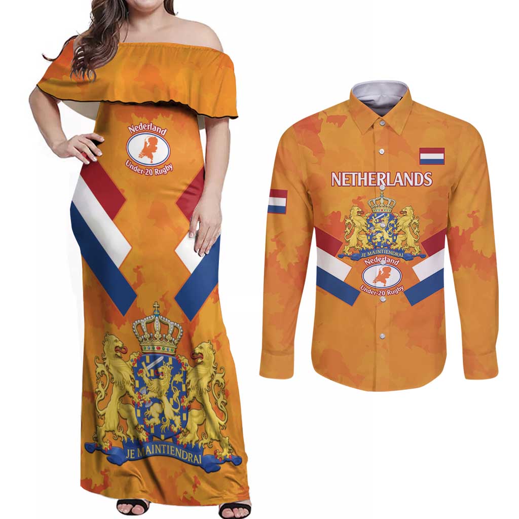 Custom Netherlands Rugby Couples Matching Off Shoulder Maxi Dress and Long Sleeve Button Shirt 2024 Go Champions Nederland - Wonder Print Shop