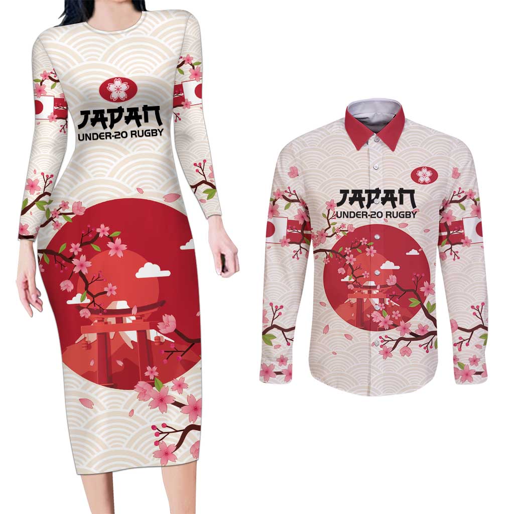 Custom Japan Rugby Couples Matching Long Sleeve Bodycon Dress and Long Sleeve Button Shirt 2024 Go Champions Cherry Blossoms - Wonder Print Shop