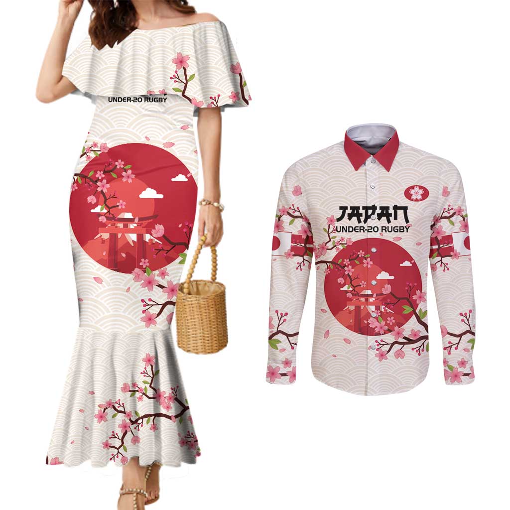 Custom Japan Rugby Couples Matching Mermaid Dress and Long Sleeve Button Shirt 2024 Go Champions Cherry Blossoms