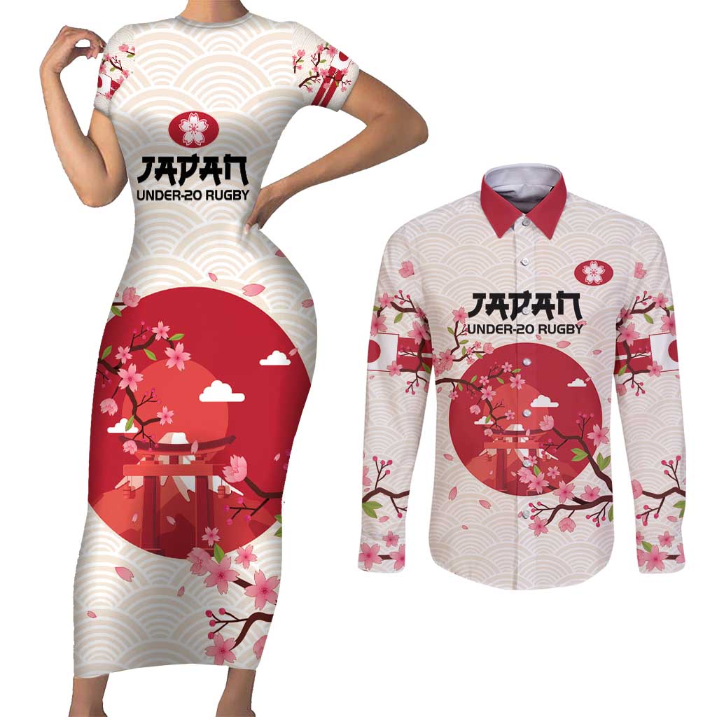 Custom Japan Rugby Couples Matching Short Sleeve Bodycon Dress and Long Sleeve Button Shirt 2024 Go Champions Cherry Blossoms - Wonder Print Shop