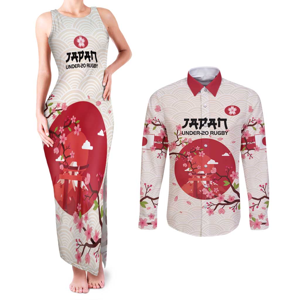 Custom Japan Rugby Couples Matching Tank Maxi Dress and Long Sleeve Button Shirt 2024 Go Champions Cherry Blossoms - Wonder Print Shop