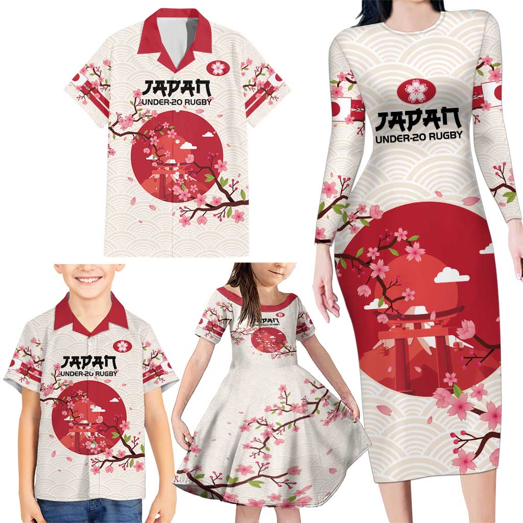 Custom Japan Rugby Family Matching Long Sleeve Bodycon Dress and Hawaiian Shirt 2024 Go Champions Cherry Blossoms - Wonder Print Shop