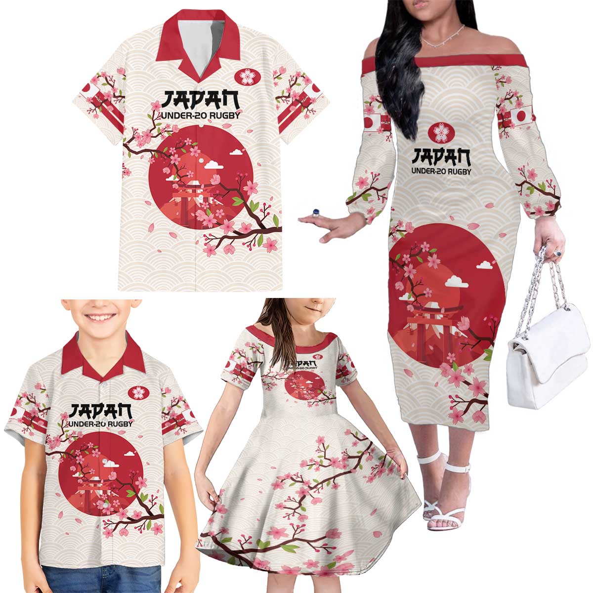 Custom Japan Rugby Family Matching Off The Shoulder Long Sleeve Dress and Hawaiian Shirt 2024 Go Champions Cherry Blossoms - Wonder Print Shop