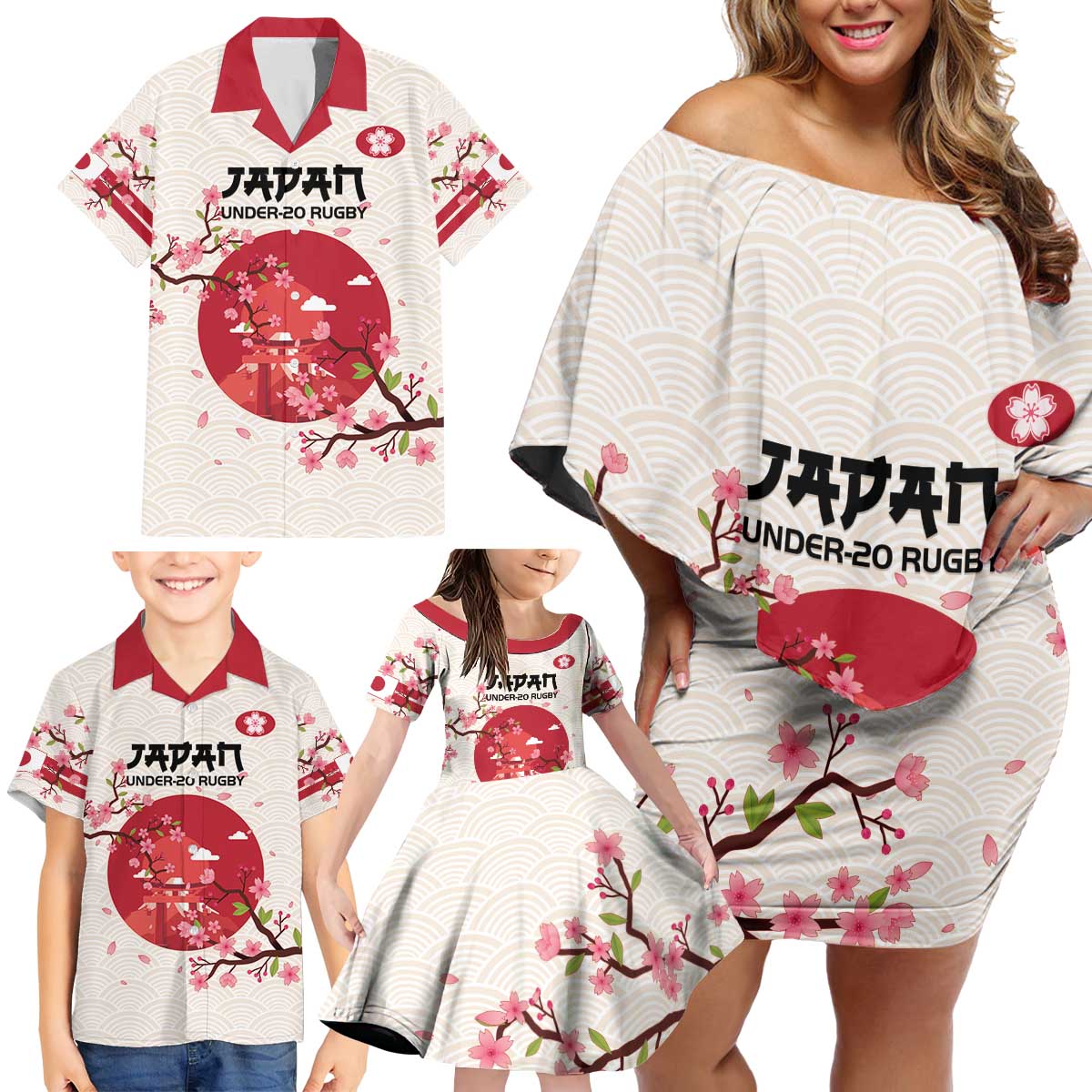 Custom Japan Rugby Family Matching Off Shoulder Short Dress and Hawaiian Shirt 2024 Go Champions Cherry Blossoms - Wonder Print Shop