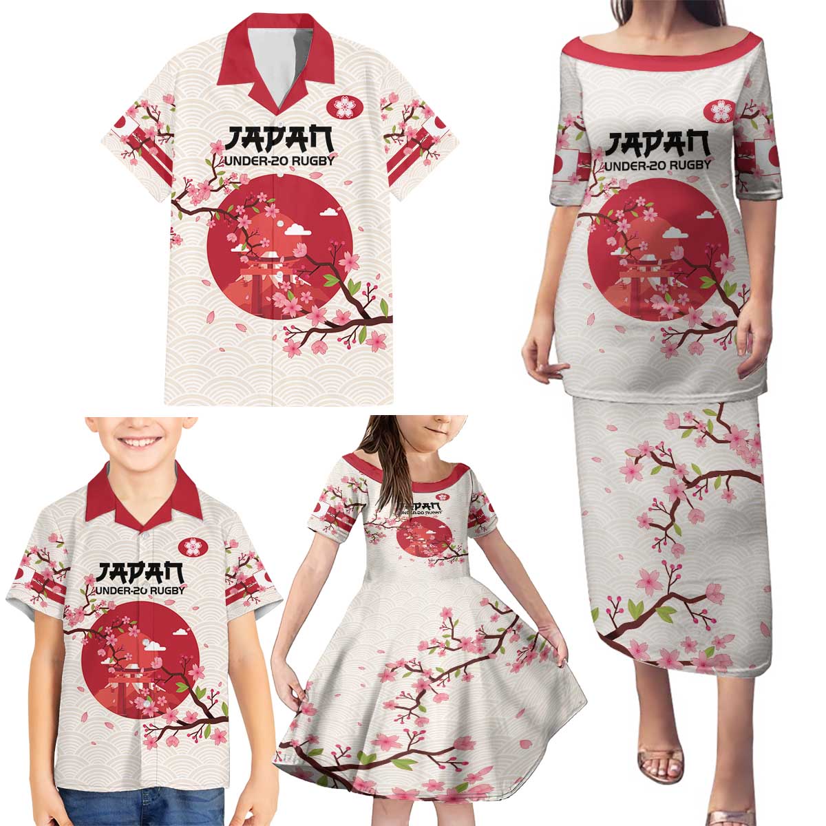 Custom Japan Rugby Family Matching Puletasi and Hawaiian Shirt 2024 Go Champions Cherry Blossoms - Wonder Print Shop